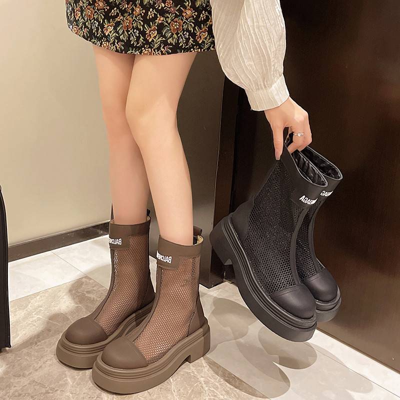 Casual wild rough zipper net boots 2024 summer new alphabet high -end feel mid -cylinder hollow fashion Roman boots
