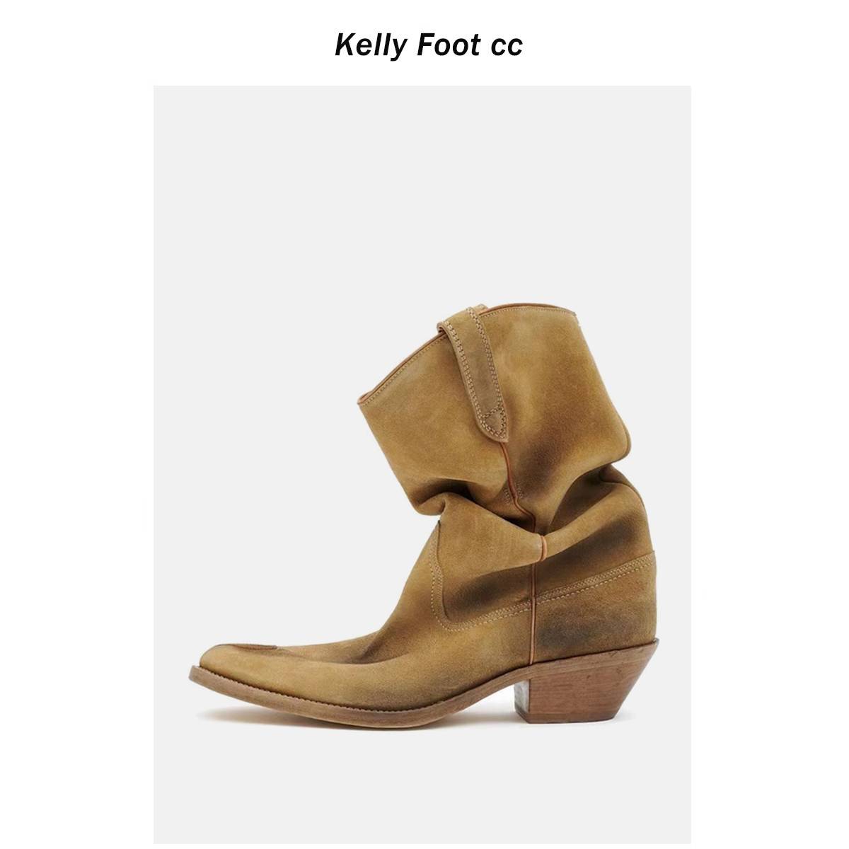 Yang Mi, the same Martin boots in western denim boots, women's new autumn and winter leather, leather pointer pork trotters shoe thick heel pile of boots