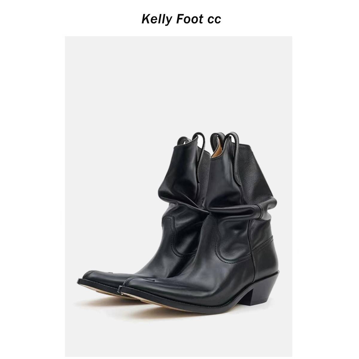 Yang Mi, the same Martin boots in western denim boots, women's new autumn and winter leather, leather pointer pork trotters shoe thick heel pile of boots