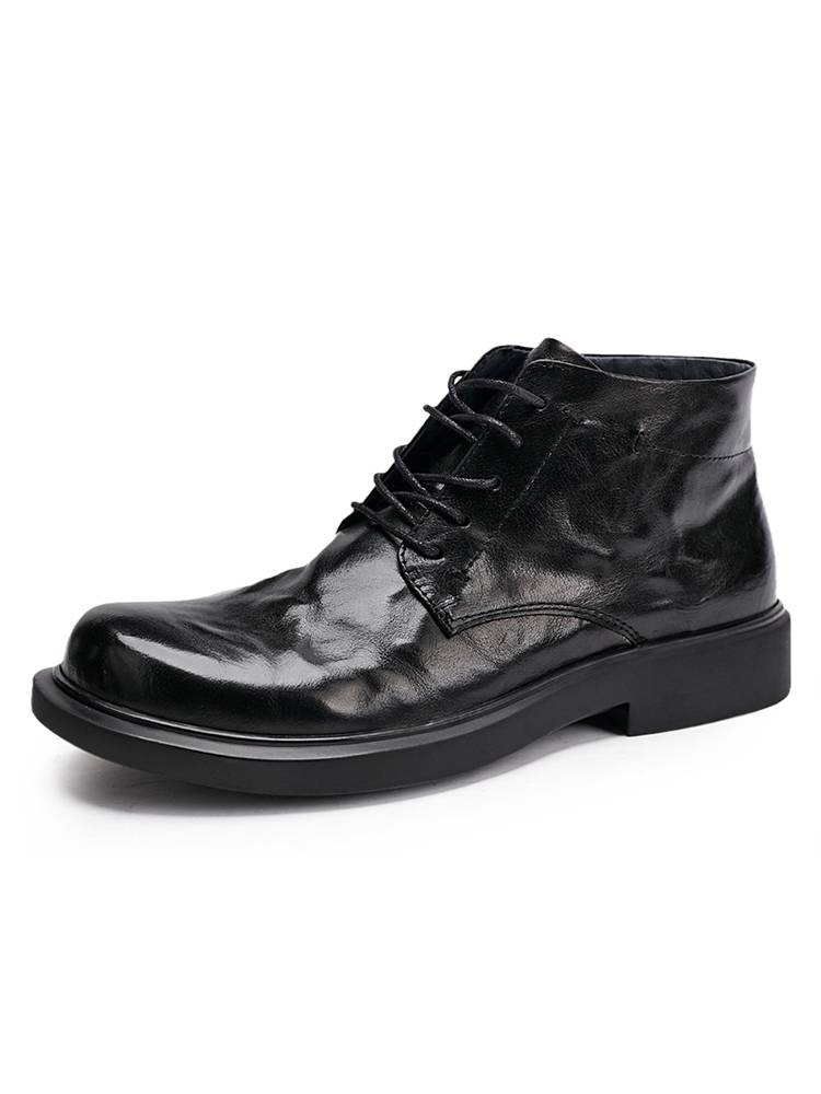 Pioneon leather men's leather Martin boots casual fashion boots round head to help black flat -bottom trend boots men