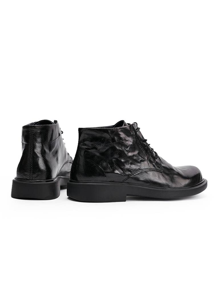 Pioneon leather men's leather Martin boots casual fashion boots round head to help black flat -bottom trend boots men