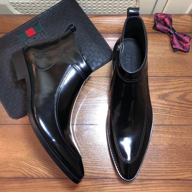 Business casual leather boots Martin boots male leather pointed short boots British high -top shoes bright face trend men's boots plus velvet