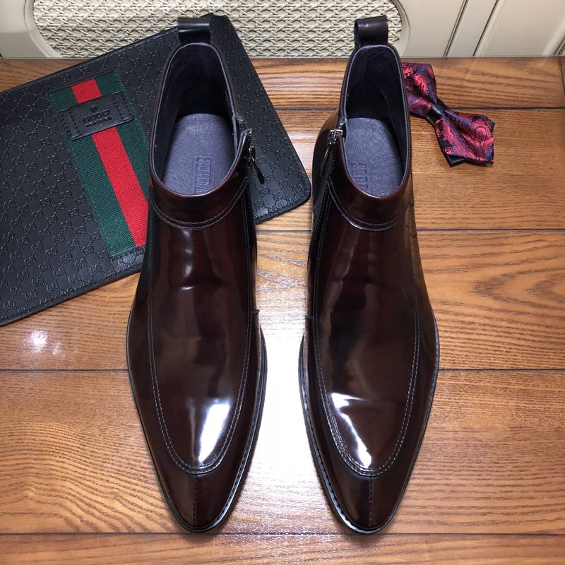 Business casual leather boots Martin boots male leather pointed short boots British high -top shoes bright face trend men's boots plus velvet