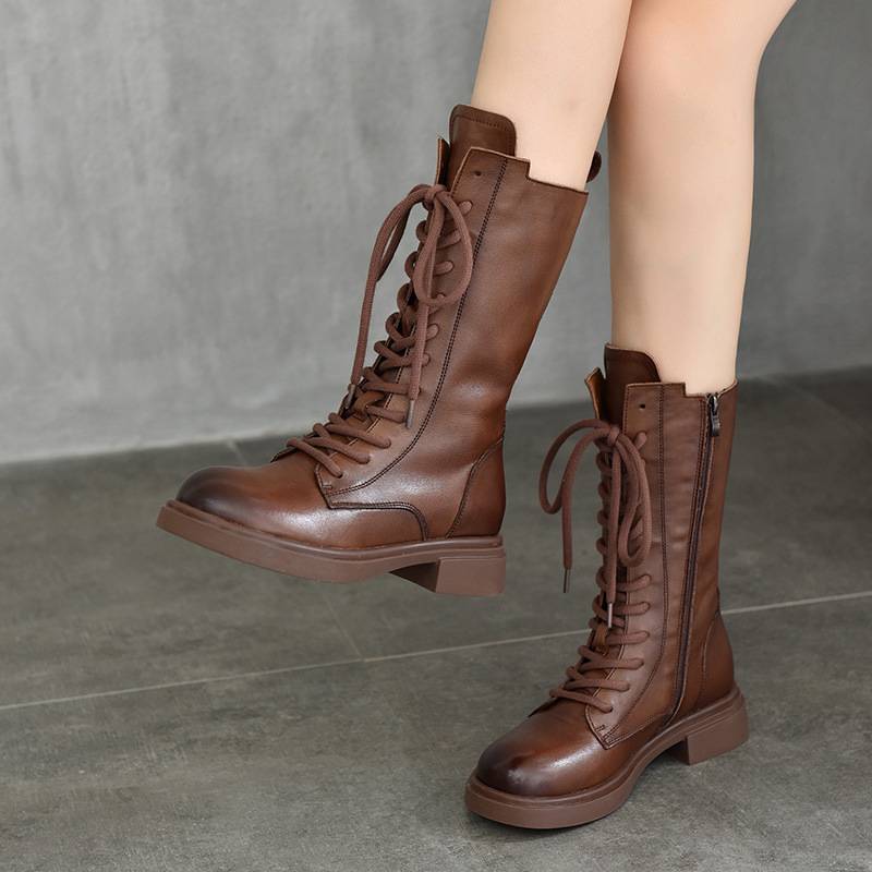 Templim brown high boots female 2024 new ladies middle boots boots children's long boots knight boots in the heel cotton boots
