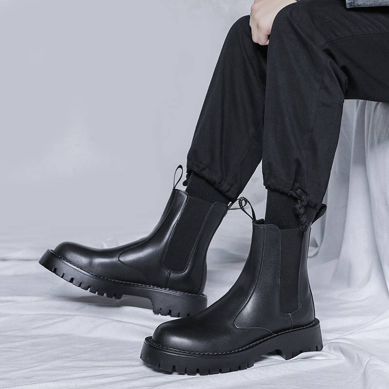 Chelsea boots men's spring and autumn thick bottom retro mid -tube high -top cigarette tube spring and autumn leather round head British style Martin tide shoes