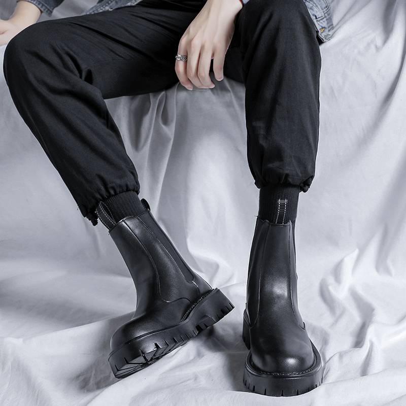 Chelsea boots men's spring and autumn thick bottom retro mid -tube high -top cigarette tube spring and autumn leather round head British style Martin tide shoes
