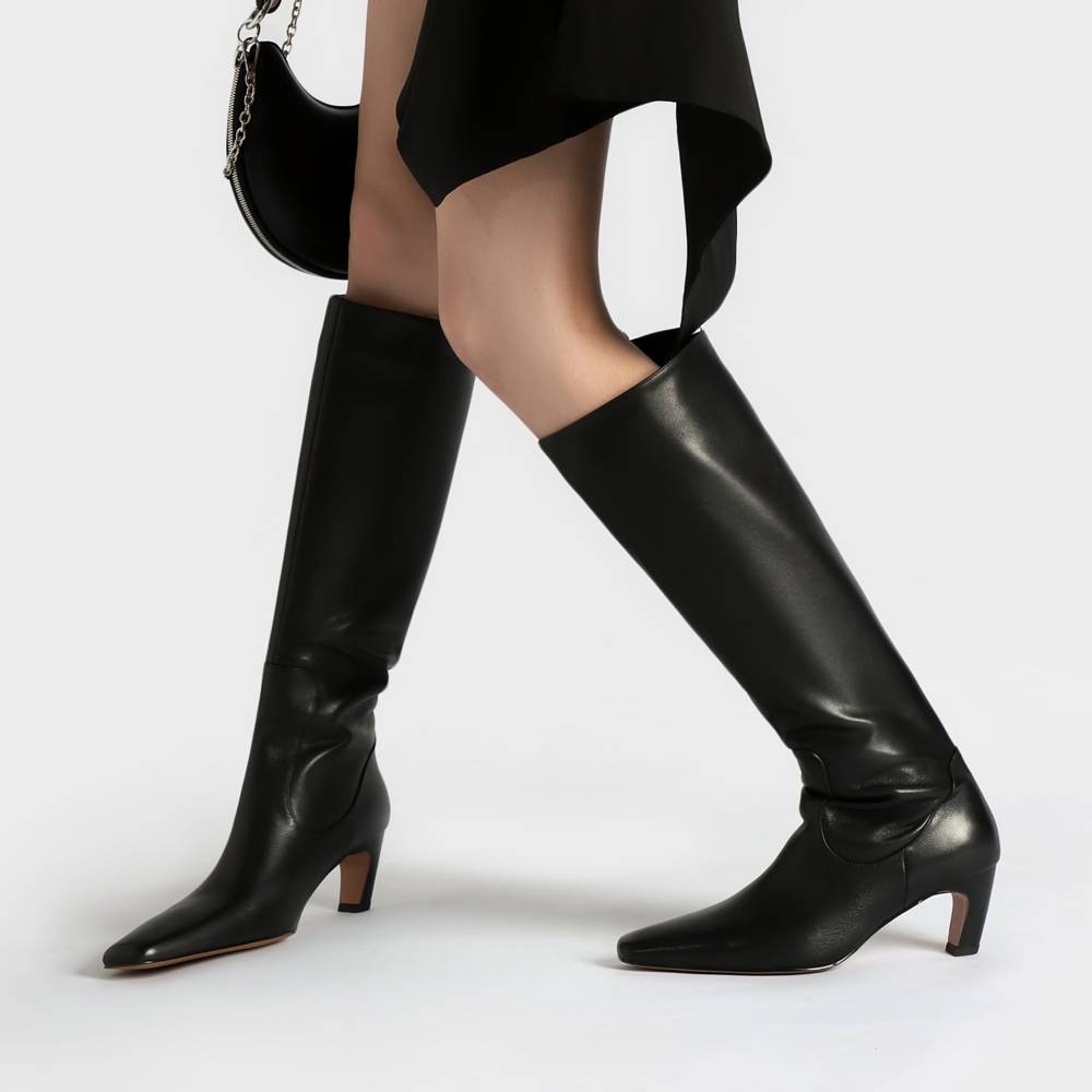 Head layer cowhide!French white long boots, small square head high -headed boots, big tube high -heeled knight boots, women are not knee