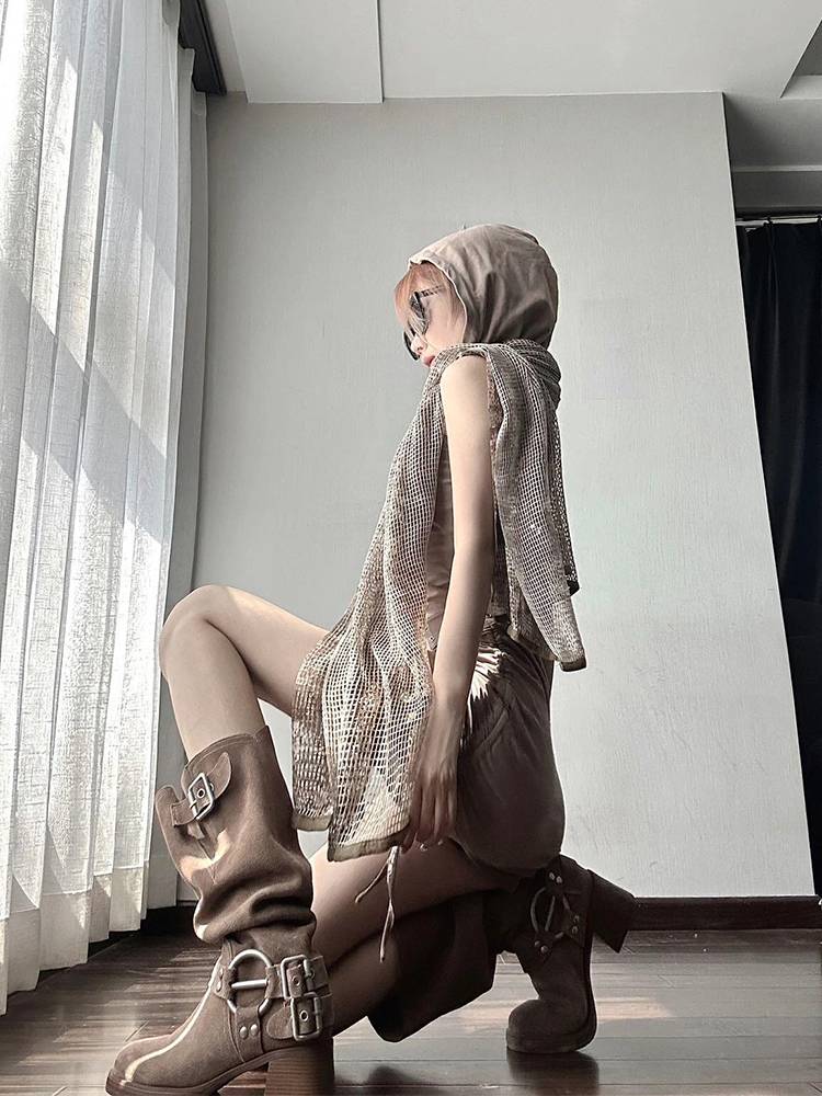 Waste soil wind Summer thin breathable pile long boots female 2024 new side thick head thick heels of western denim boots knight boots