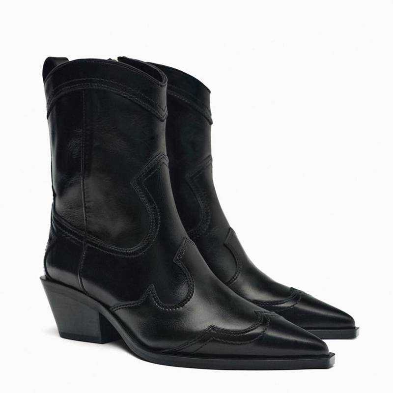 2024 autumn new leather vitrum Vita western denim boots retro pointed embroidery high -heeled boots thick heels Martin boots