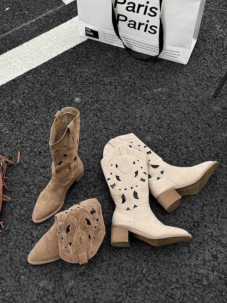 Casual mid -tube denim boots in the summer of 2024 new hollow versatile cold boots pointed and pointed heel embroidery knight boots
