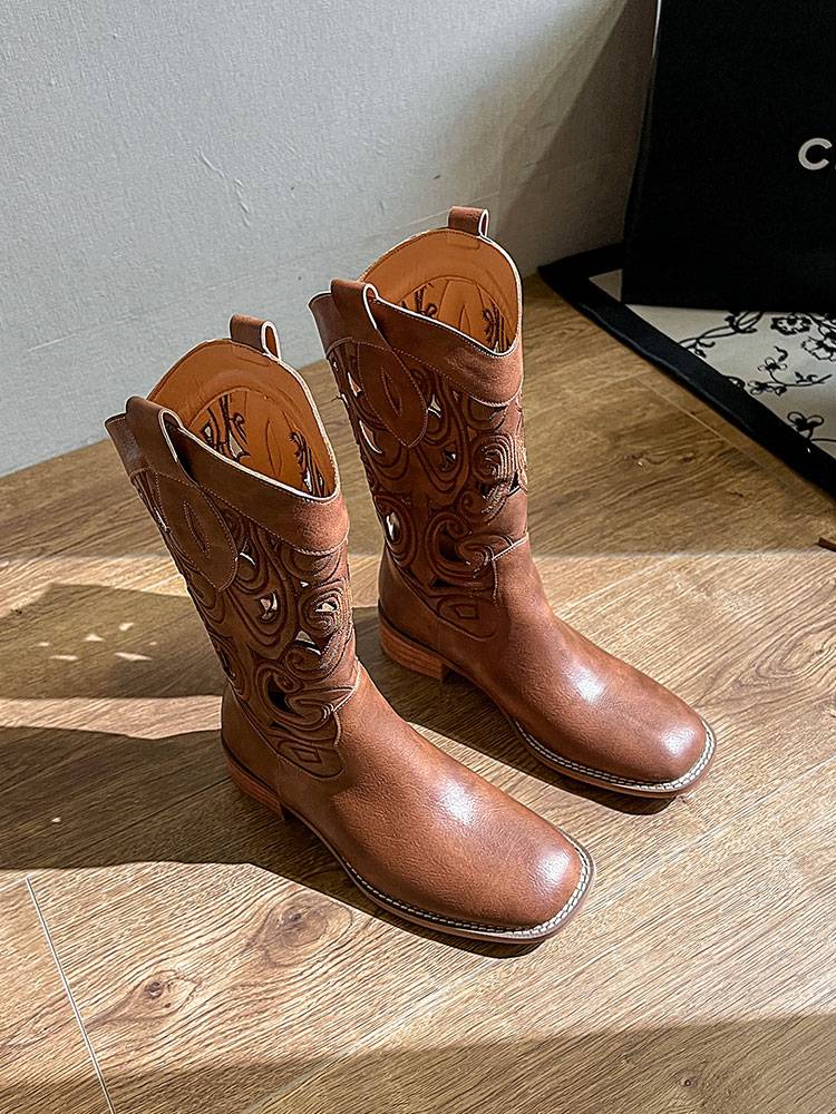 Cowhide hollow embroidery Western denim boots 2024 new retro desert summer boots in summer brown middle boots