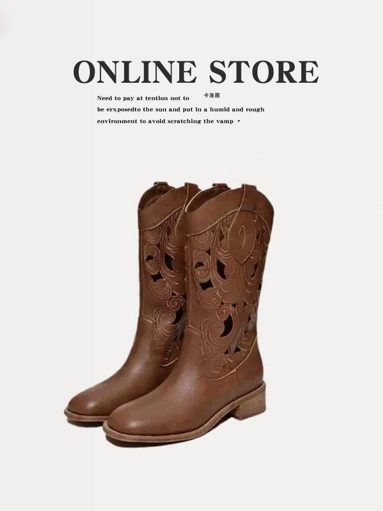 Cowhide hollow embroidery Western denim boots 2024 new retro desert summer boots in summer brown middle boots