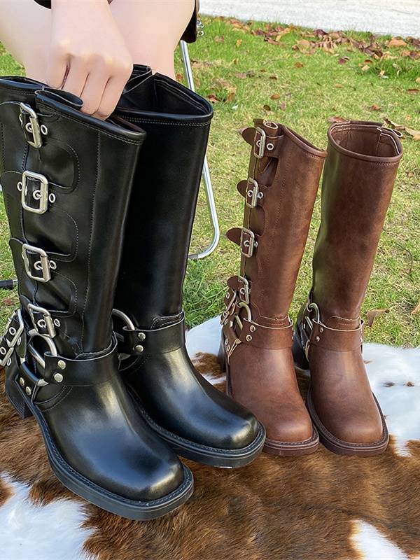 Belt buckle thick -heeled brown Martin boots women spring and summer retro but knee boots western boots knight fashion boots