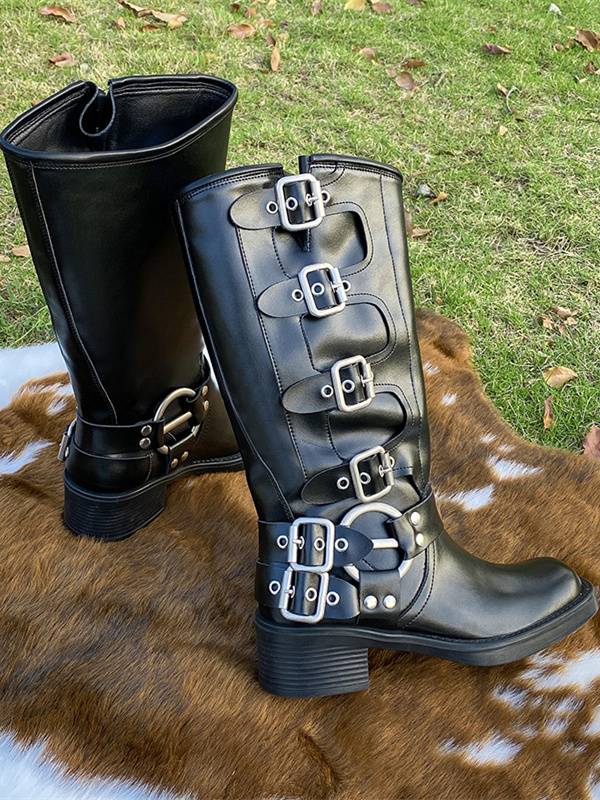 Belt buckle thick -heeled brown Martin boots women spring and summer retro but knee boots western boots knight fashion boots