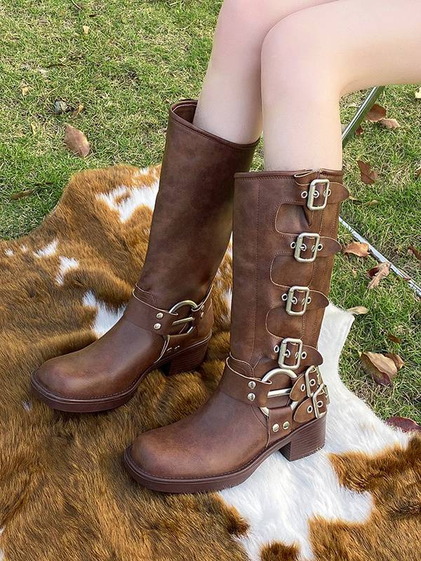 Belt buckle thick -heeled brown Martin boots women spring and summer retro but knee boots western boots knight fashion boots