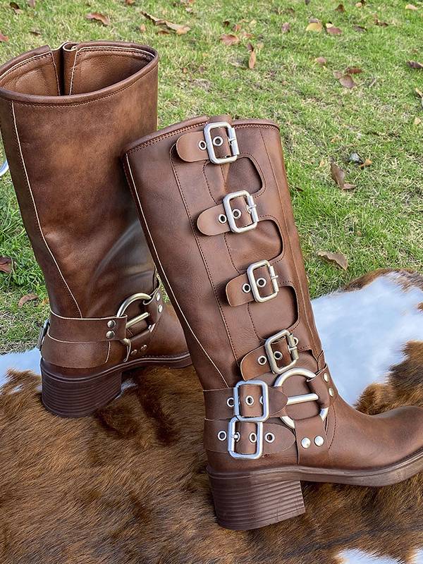Belt buckle thick -heeled brown Martin boots women spring and summer retro but knee boots western boots knight fashion boots