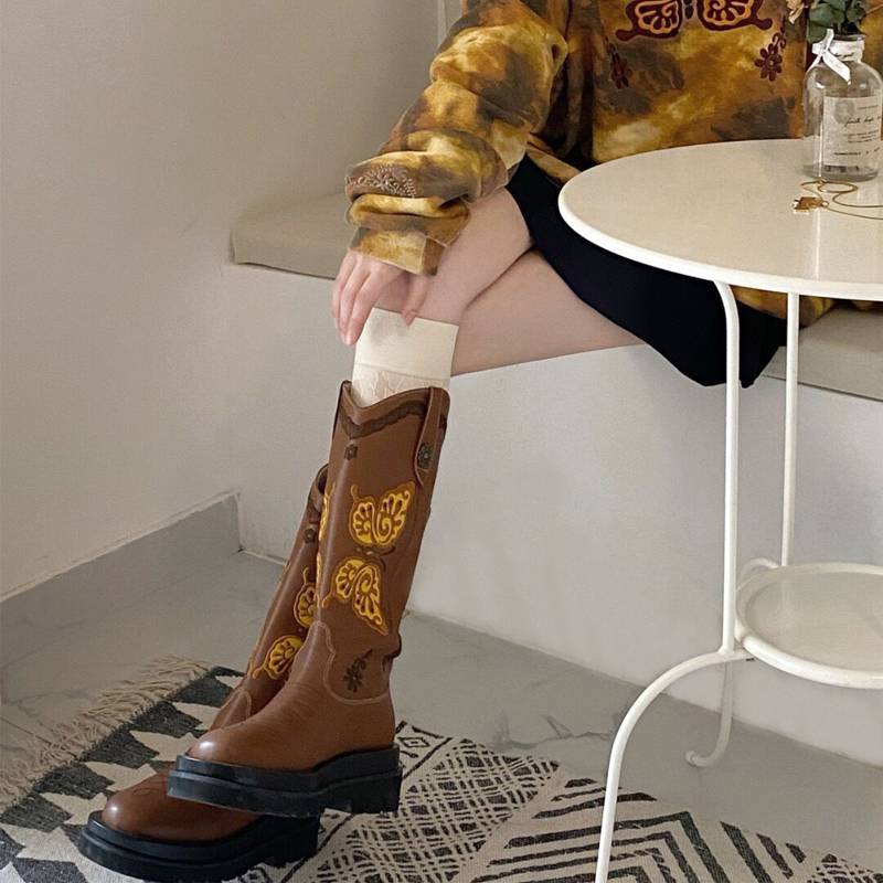 In the summer of 2024, boots, small embroidery high, but knee boots fat MM round head western denim knight boots