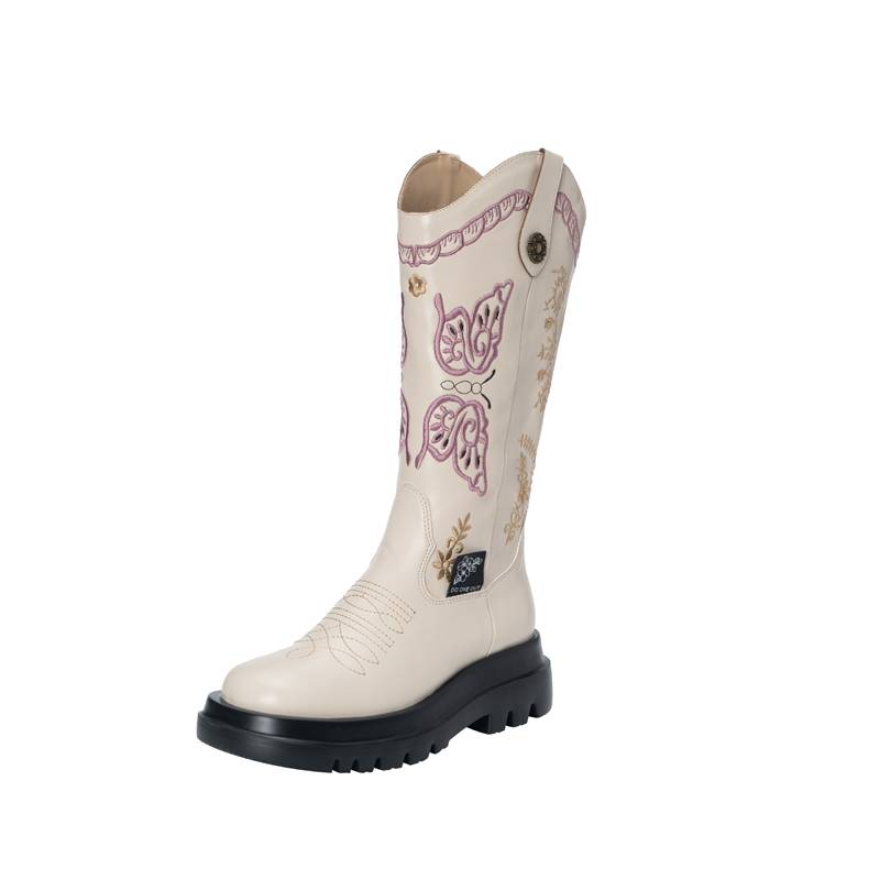 In the summer of 2024, boots, small embroidery high, but knee boots fat MM round head western denim knight boots