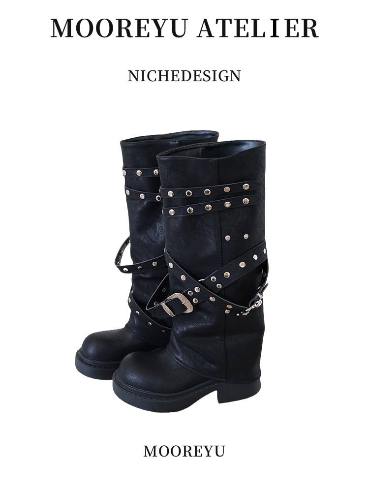 Mooeyu black pants pipe boots 2024 new retro round head niche design sensor long boot rivet knight boots