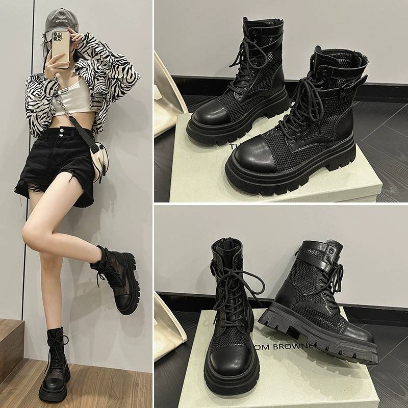 Inner increase Martin boots female thin juper boots 2024 new summer soft skin hollow mesh thick bottom mesh yarn boots
