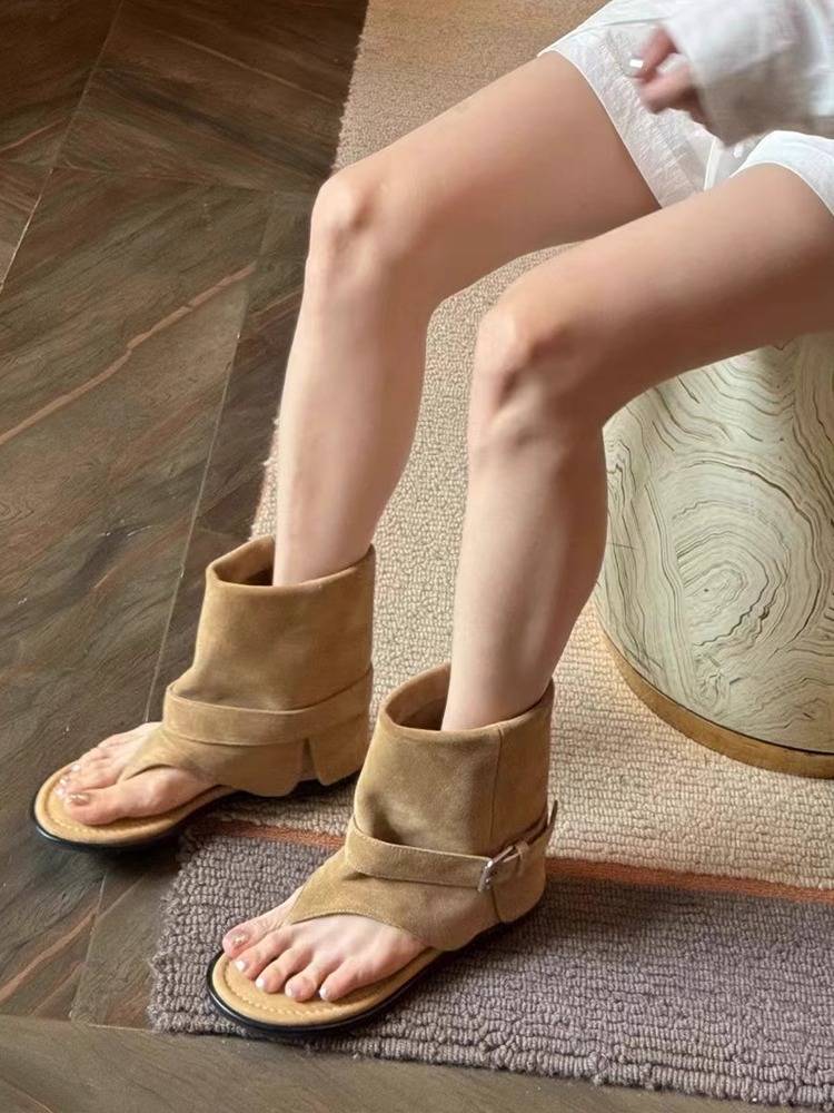 European station leather female boots 2024 summer new fashion clip -toe sandals flat bottom Martin boots Chelsea boots