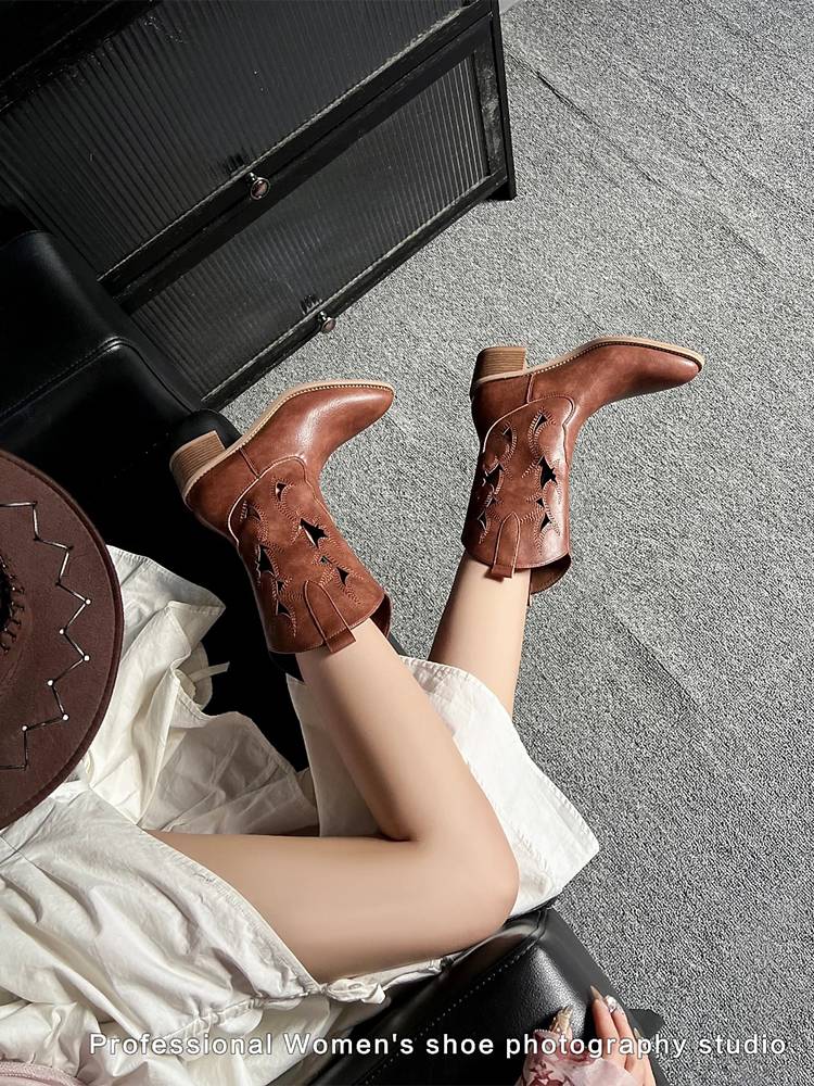 New Polarot Citrus Hollow Western Cowboy Boots 2024 Summer Xinjiang Tibetan Wear Short Boots Knight Boots