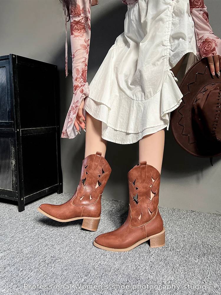 New Polarot Citrus Hollow Western Cowboy Boots 2024 Summer Xinjiang Tibetan Wear Short Boots Knight Boots