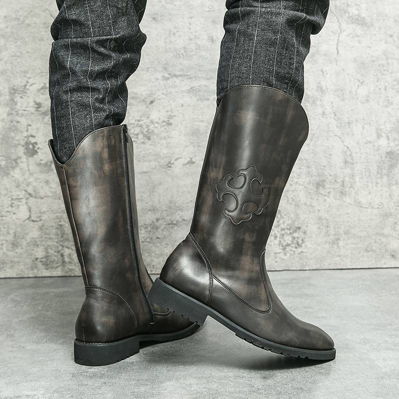 American brown Martin Boots Men's Autumn and Winter Western denim workers embroidered long tube side zipper high -top riding boots