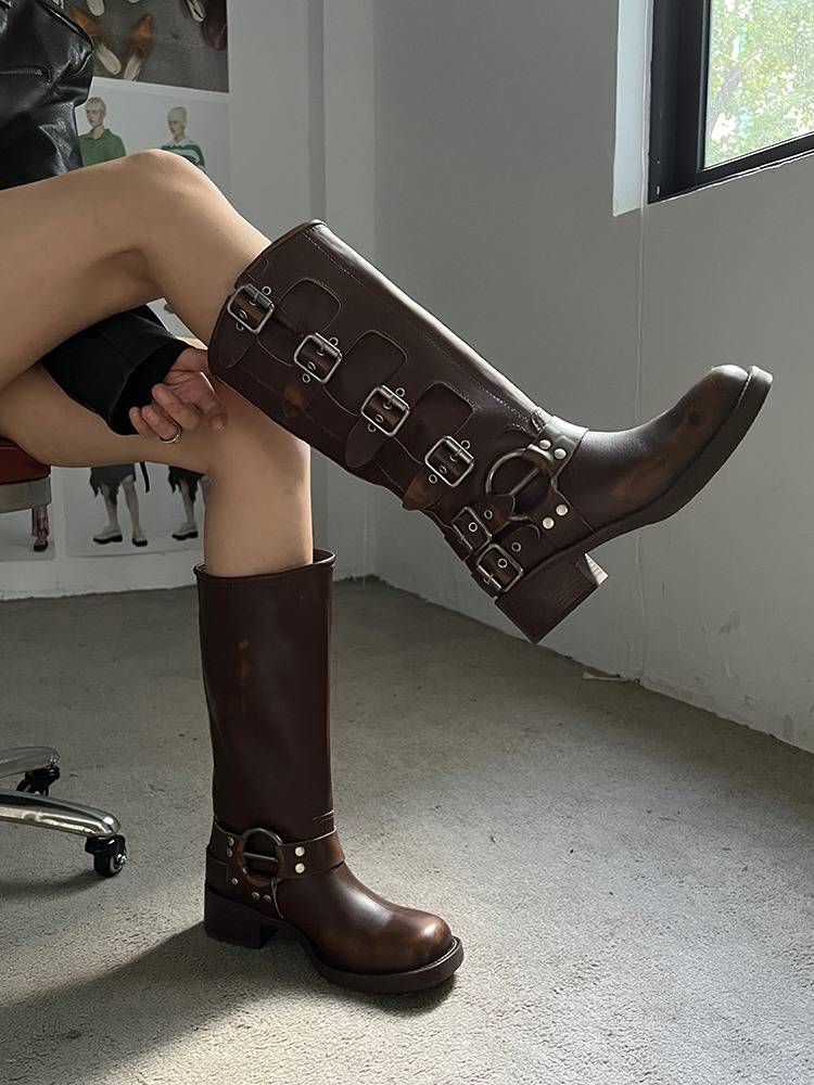 MIU*Walking belt buckle roughly Martin boots female spring and summer leather retro but knee boots western boots