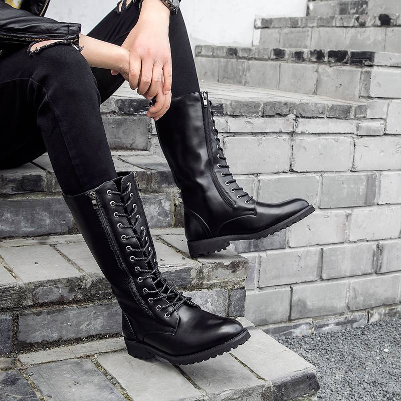 New high men's boots Martin boots, British pointed men's leather boots, tidal boots, denim boots, fashion long lace -up bands boots
