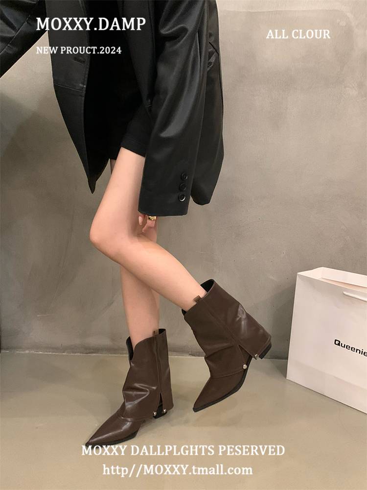 American retro pointed pointed thick -heeled pants boots 2024 summer new black fashion versatile western denim boots