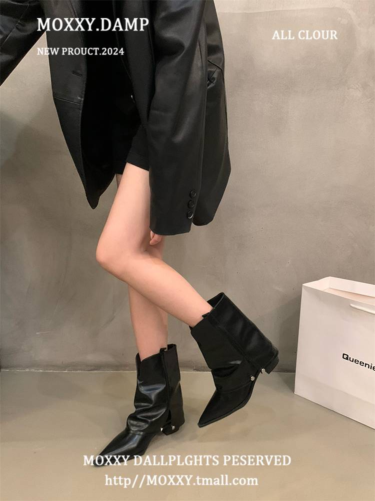 American retro pointed pointed thick -heeled pants boots 2024 summer new black fashion versatile western denim boots