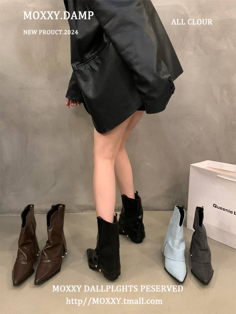 American retro pointed pointed thick -heeled pants boots 2024 summer new black fashion versatile western denim boots