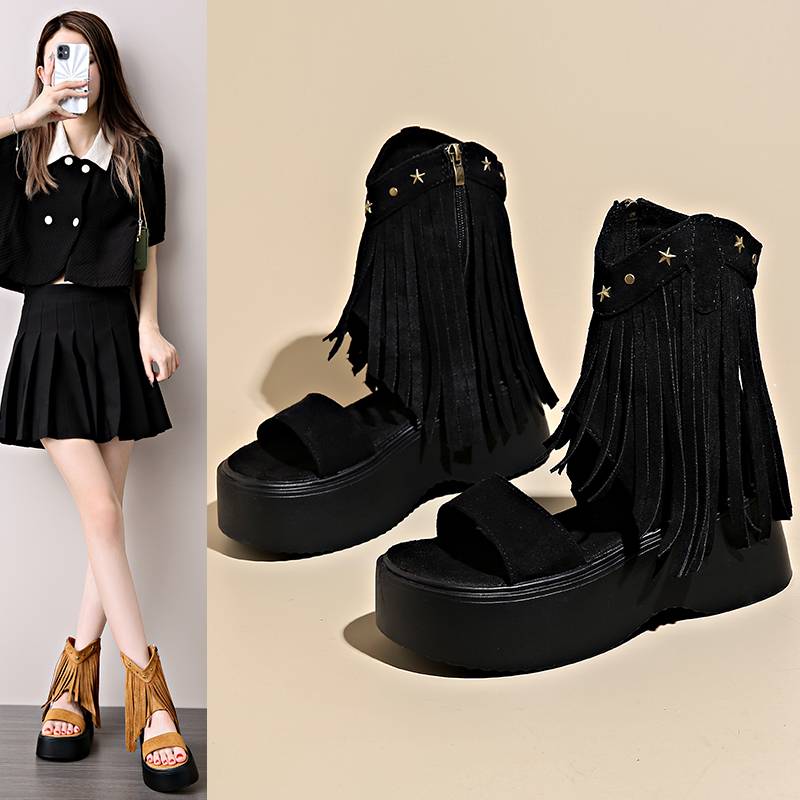 Flavous rivet thick bottom sandal boots women 2024 new retro side zipper soft bottom increase Roman sandals women