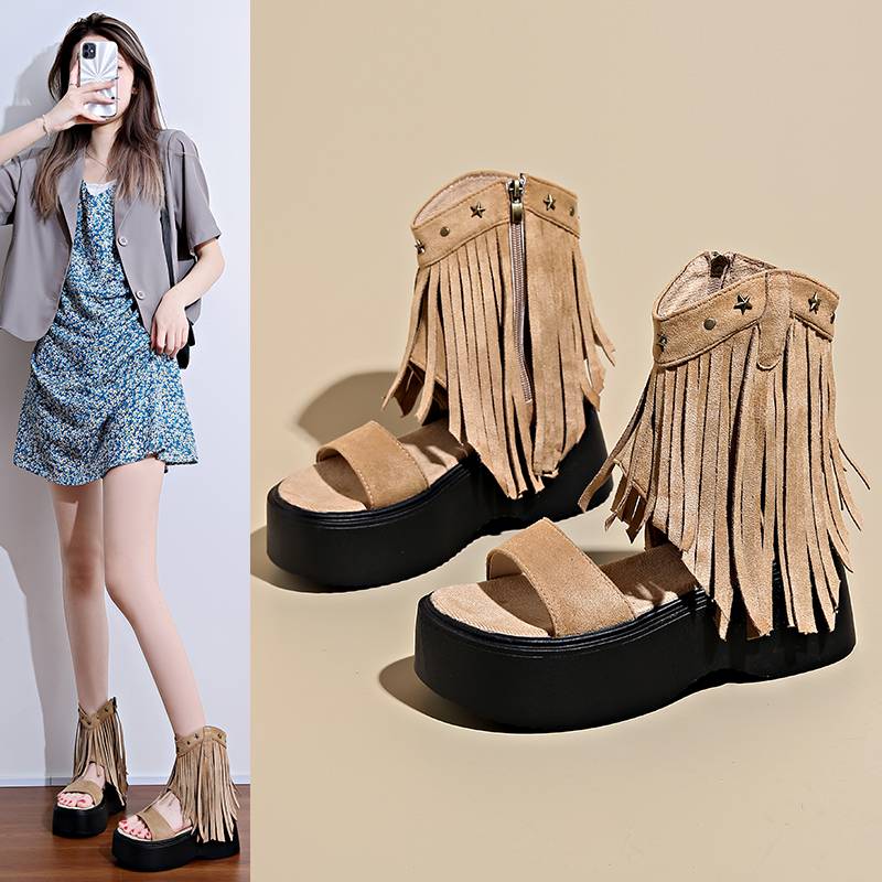 Flavous rivet thick bottom sandal boots women 2024 new retro side zipper soft bottom increase Roman sandals women
