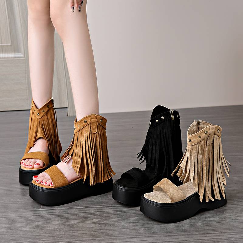 Flavous rivet thick bottom sandal boots women 2024 new retro side zipper soft bottom increase Roman sandals women