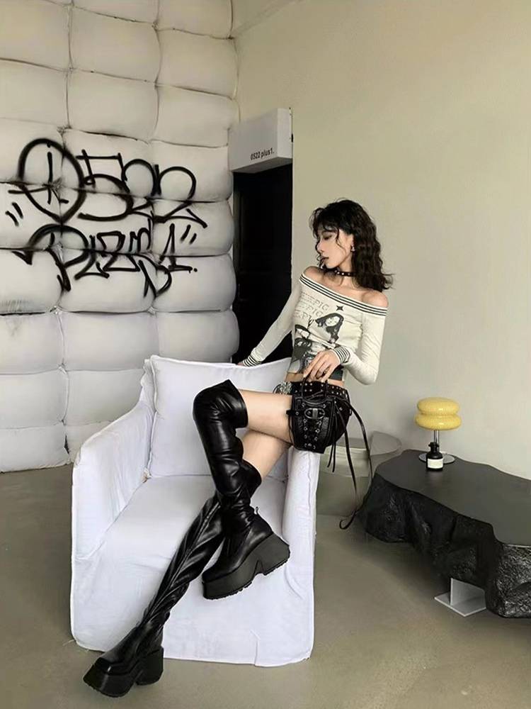 Ferry thick bottom sugar over -the -knee long boots female three generations black boots 2024 autumn new high -heeled knight boots