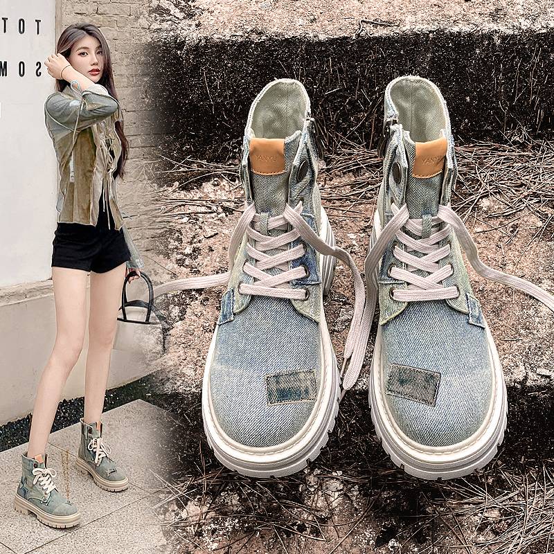 Summer Martin Boots 2024 new breathable thick -soled short boots spring and autumn boots water washing retro western denim boots