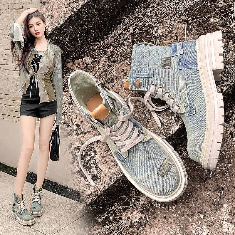 Summer Martin Boots 2024 new breathable thick -soled short boots spring and autumn boots water washing retro western denim boots