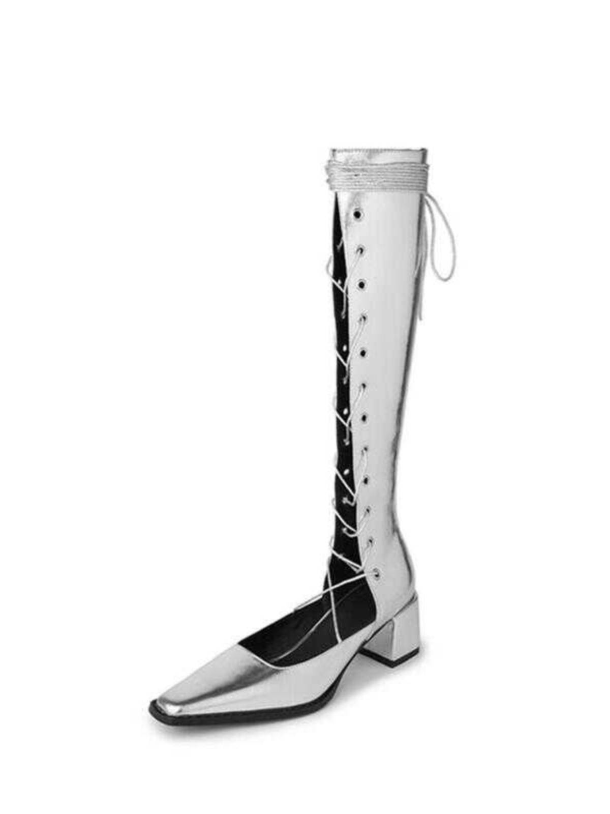 2024 Summer Roman high -tube jelly boots women's fashion square head sandals leather hollow straps are thin boots
