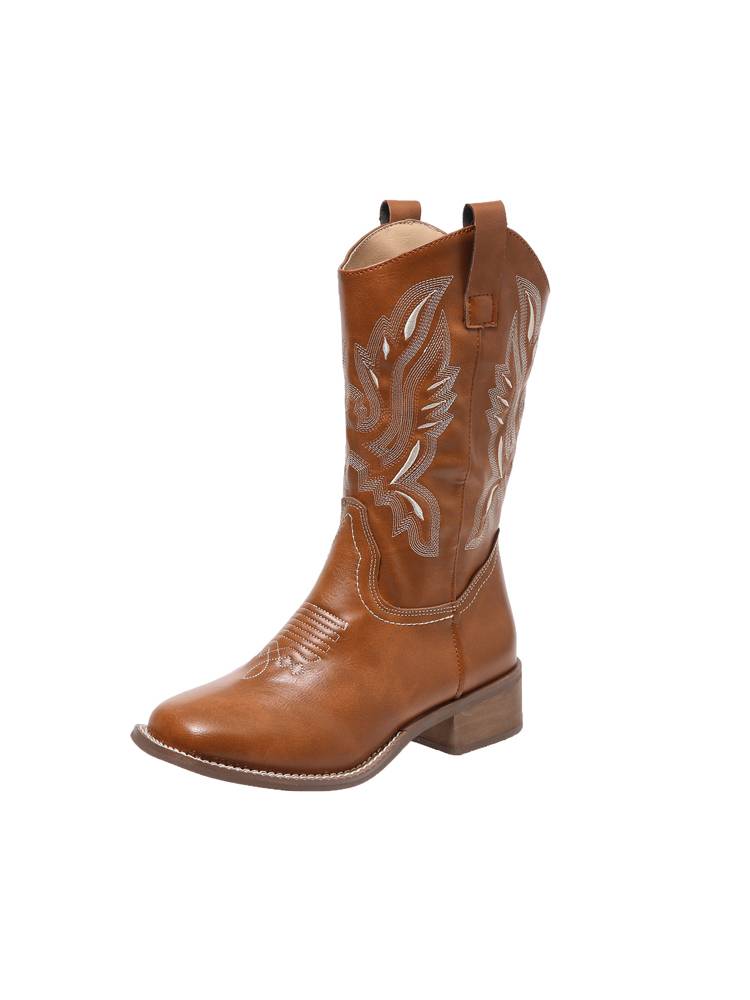 Leather Western denim boots embroidered knight boots 2024 new net red thick heel medium tube retro Vita Martin boots