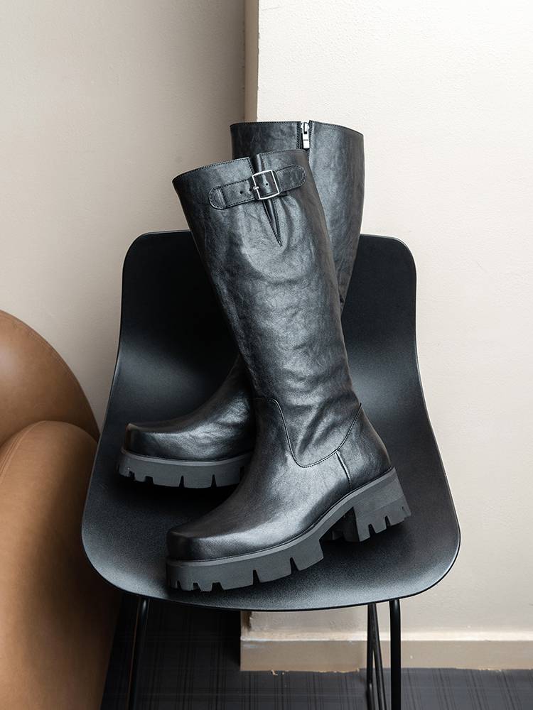 Original puffy cake thick bottom increase long boots men's knight boots leather square head head horses boots long tube Martin boots big cylinder