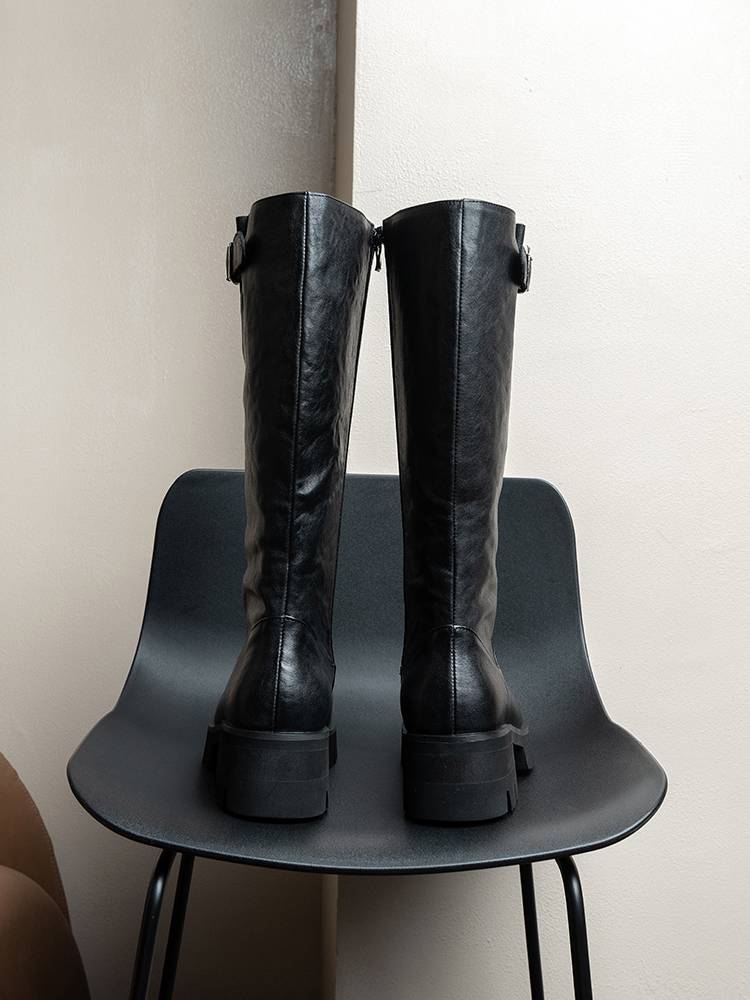 Original puffy cake thick bottom increase long boots men's knight boots leather square head head horses boots long tube Martin boots big cylinder
