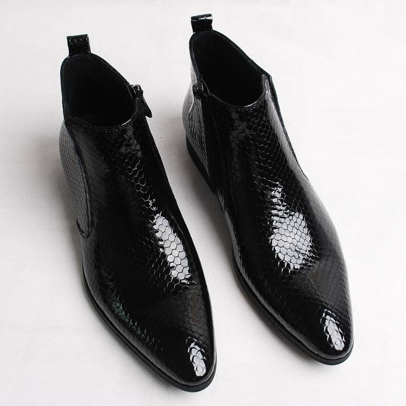 Templimal boots, pointed British leather shoes male snake pattern ziperci boots patent leather high -top cowhide Martin boots