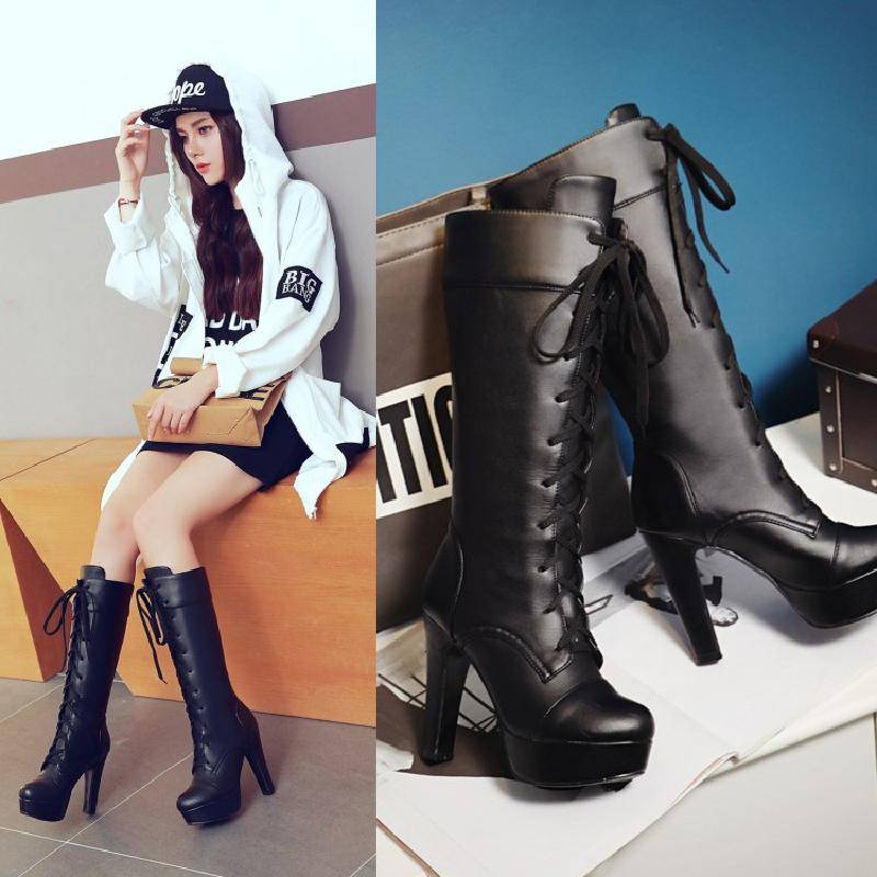 2018 new thick heel thick bottom ultra -high -heeled mid -boots Martin boots Roman boots Spring and autumn strap white boots