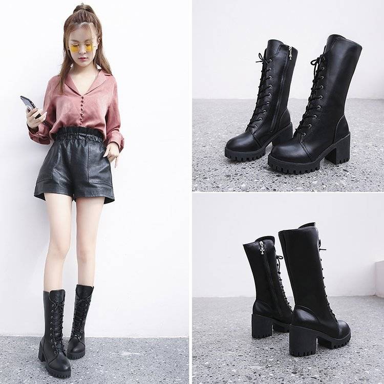 British style Martin boots female thick heels black handsome black handsome launch locomotive boots new mid -tube zipper rider boots