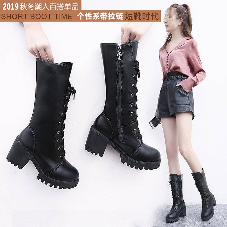 British style Martin boots female thick heels black handsome black handsome launch locomotive boots new mid -tube zipper rider boots