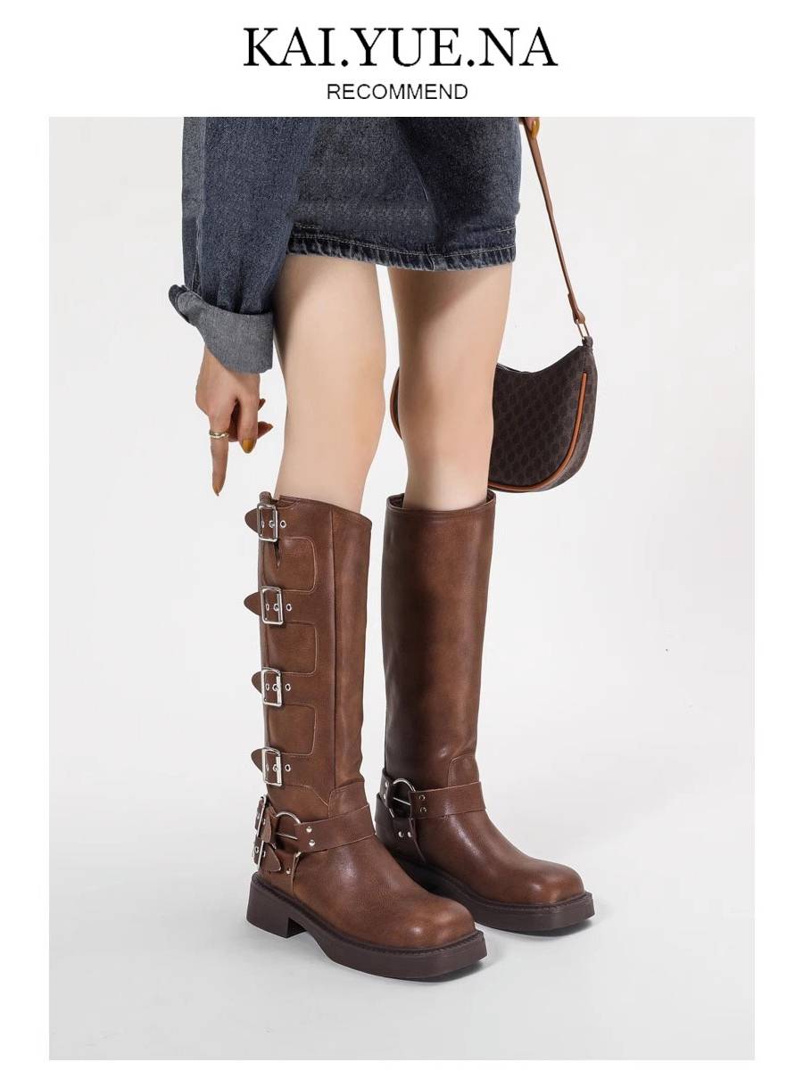 miu but knee long boots female autumn retro metal skin buckle western denim boots high brown knight boots