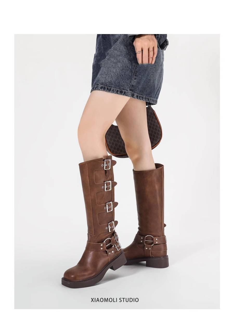 miu but knee long boots female autumn retro metal skin buckle western denim boots high brown knight boots