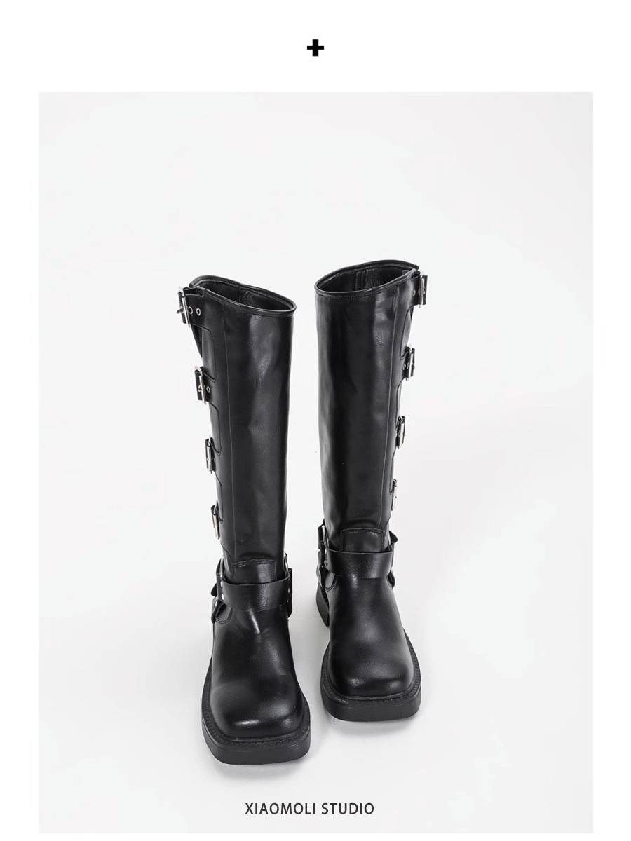 miu but knee long boots female autumn retro metal skin buckle western denim boots high brown knight boots